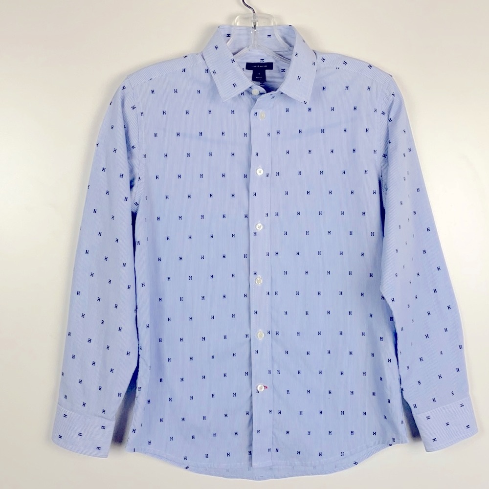 Tommy Hilfiger Boys Blue Stripe and “H” Button-up Shirt.